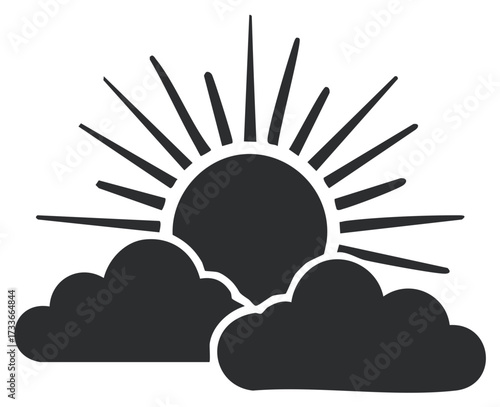 Stylized illustration of a shining sun with strong rays peeking from behind dark clouds depicting a weather forecast symbol