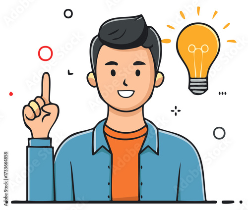 Cartoon illustration of a young man pointing up with a glowing lightbulb symbol for a new idea or innovation