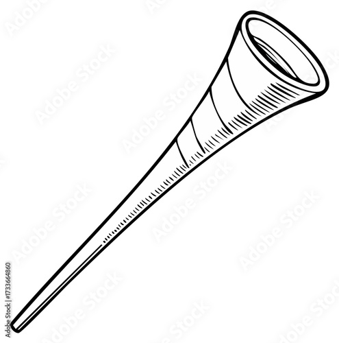 Simple black line art illustration of a long traditional tapering musical horn or trumpet instrument