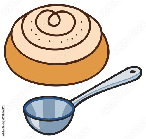 Freshly baked cinnamon roll with frosting, and serving spoon, sweet pastry food concept.