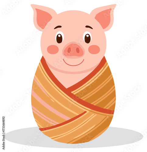 Adorable cartoon pink piglet wrapped snugly in a warm striped blanket smiling sweetly