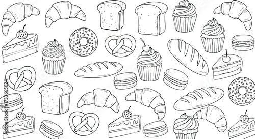 Assorted Pastries and Desserts Line Art Background Bakery Treats and Sweet Delights
