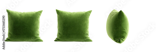 Three different views of a solid olive green velvet pillow