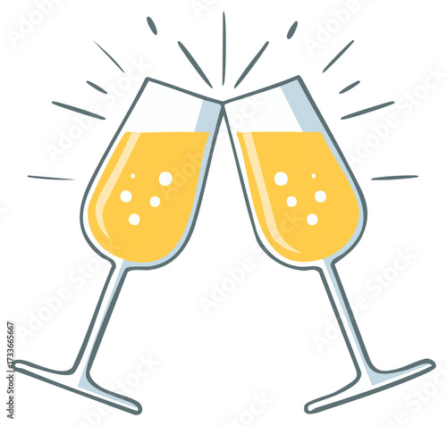Cartoon champagne flutes clinking in a festive toast with sparkling bubbles celebrating success