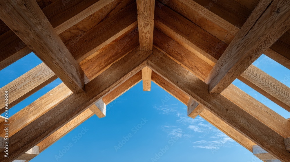 Obraz premium Triangular Wooden Roof Frame with Precise Carpentry Against Blue Sky