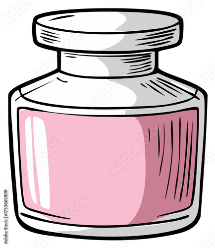 Hand drawn cartoon illustration of a pink cosmetic cream jar