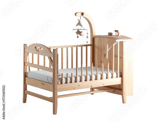 Wooden baby crib with built-in storage and mobile over a white mattress