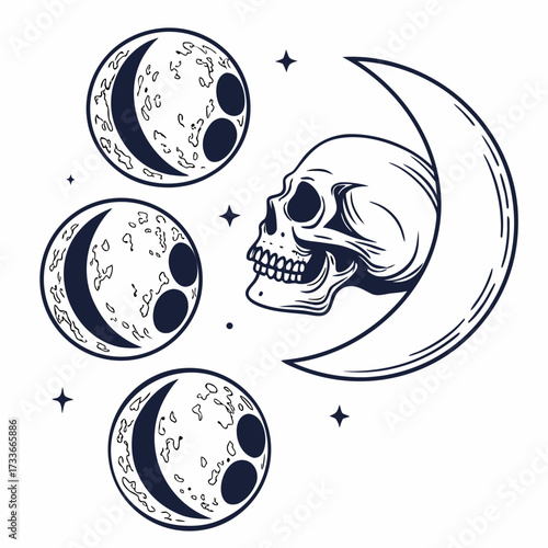 Skull and Three Moons Celestial Composition crescent moon