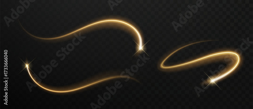 Falling gold star sparkle set. Glowing magic line with dust swirl and shiny flare vector