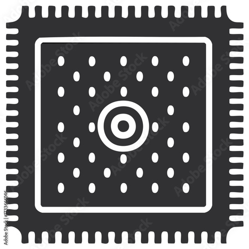 Stylized electronic microchip with pins and internal components illustration