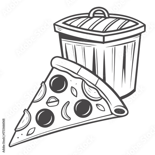 Slice of pepperoni pizza and a trash can illustration