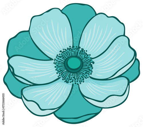 Graphic illustration of a blooming teal flower with stylized petals and stamen