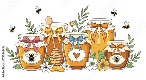 Sweet jars of honey with bees and flowers.