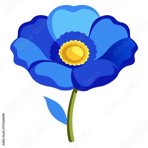 Blue poppy flower with multiple layered petals, yellow center, green stem, and single leaf.