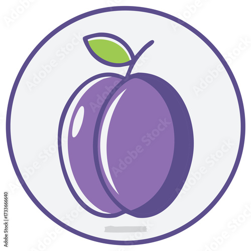Illustration of a Purple Plum with Green Leaf inside a Circle Frame