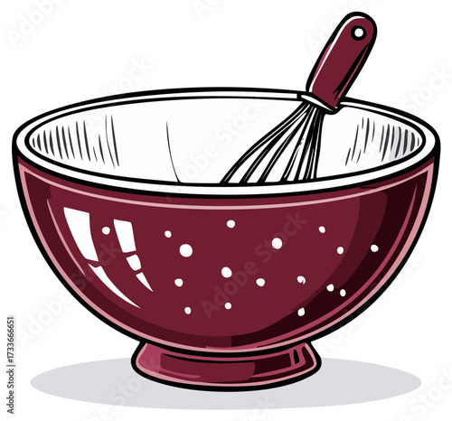 Illustration of a maroon mixing bowl with polka dots and a wire whisk for culinary use