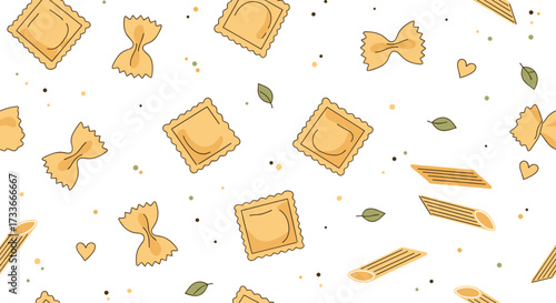 A delightful pattern of various pasta shapes and leaves.
