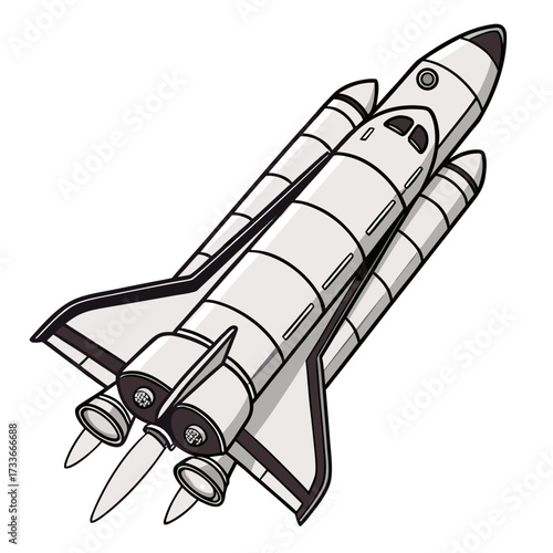 Space shuttle with exhaust flames on white background
