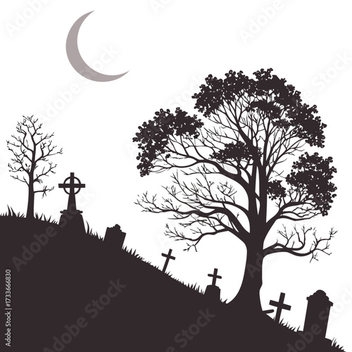 Spooky graveyard scene with crescent moon and bare trees