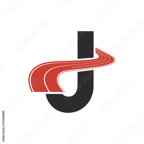Letter J logo with racing track curve, Bold letter J logo design featuring a dynamic red racing track curving across the letter, symbolizing speed, motion, innovation, and modern transportation.
