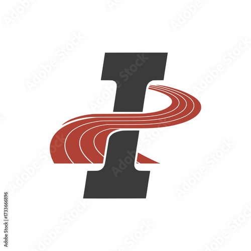 Letter I logo with racing track swirl, Modern letter I logo wrapped by a dynamic red racing track, symbolizing speed, progress, energy, direction, and innovative design concepts.

