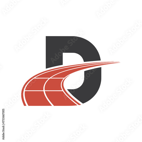Letter D logo with racing track design, Modern letter D logo integrated with a red racing track, symbolizing motion, speed, energy, transportation, progress, and dynamic branding identity.

