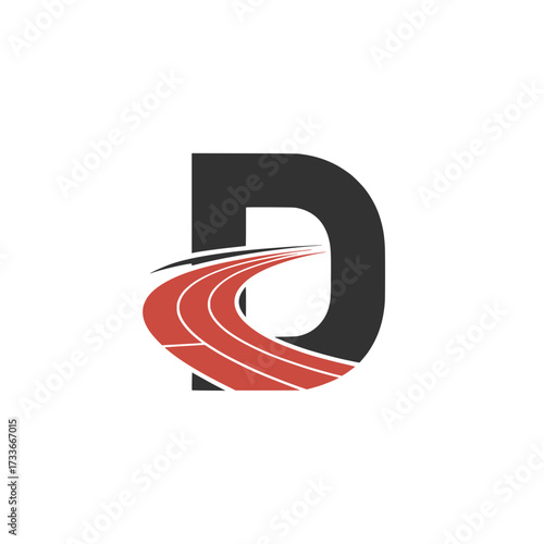 Letter D logo with racing track design, Modern letter D logo integrated with a red racing track, symbolizing motion, speed, energy, transportation, progress, and dynamic branding identity.


