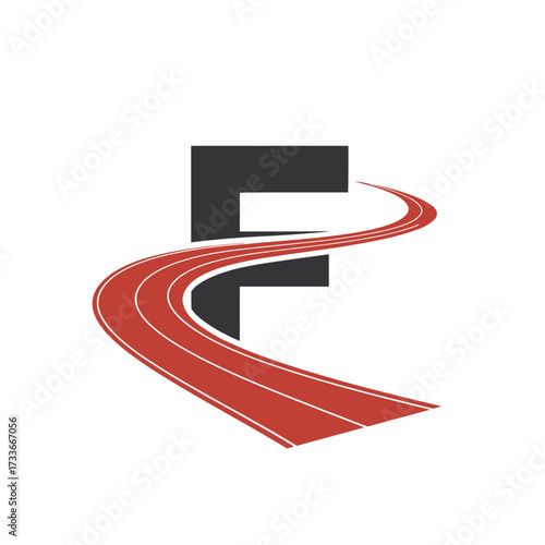 Letter F logo with racing track design, Modern letter F logo blended with a dynamic red racing track, representing speed, motion, progress, transportation, and energy in a sleek and creative design.

