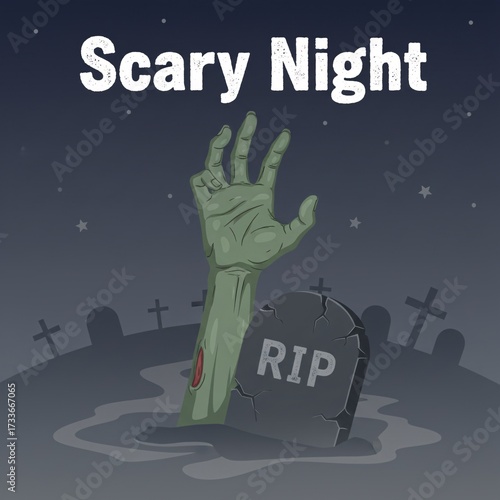 Scary Night Halloween Poster with Zombie Hand and Graveyard