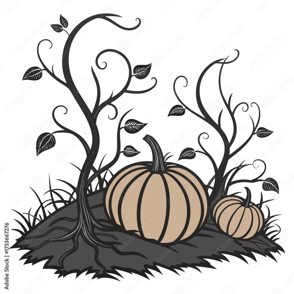 Naklejka premium Stylized pumpkins and bare branches on white background