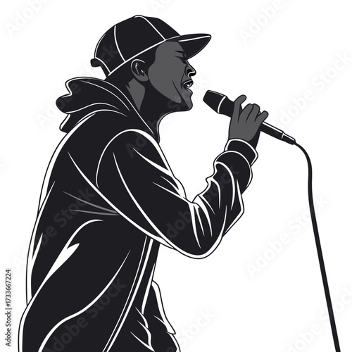 Stylized illustration of a person in a hoodie singing into a microphone