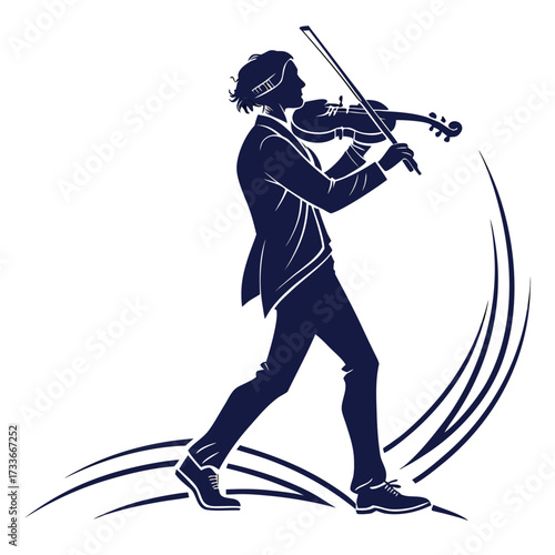 Stylized illustration of a violinist with abstract swirls