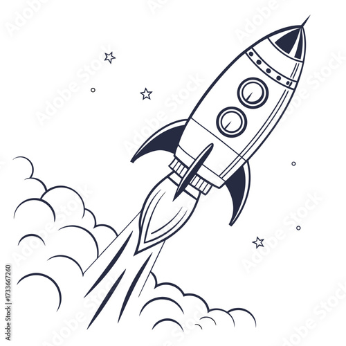 Stylized rocket ship launching with smoke and stars