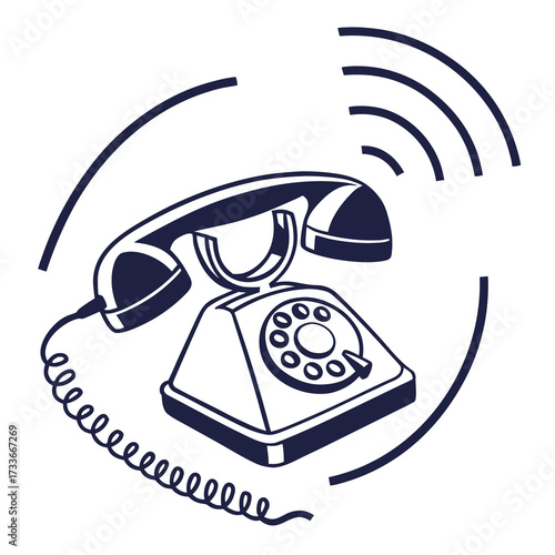 Stylized rotary phone with dark blue signal waves telephone