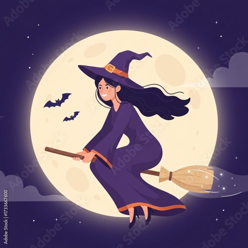 Cartoon Witch Flying on Broomstick with Full Moon Background