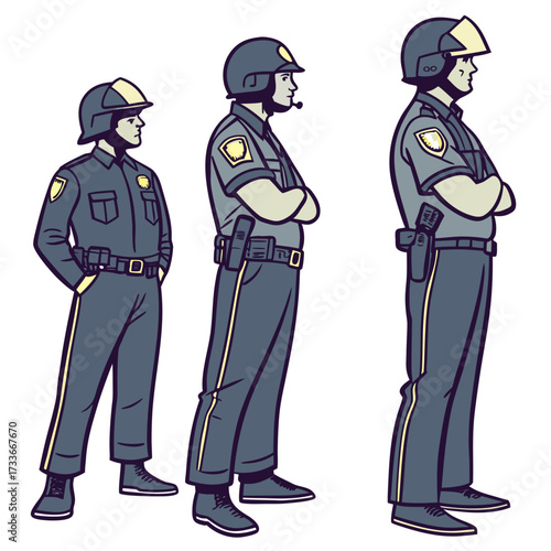 Three male police officers in dark blue uniforms with helmets