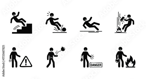Black and White Illustration Set of Accident Hazard and Safety Icons