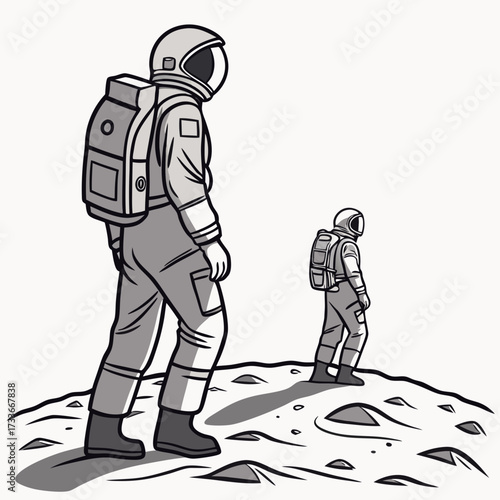 Two astronauts walking on a desolate lunar landscape Keywords: astronaut, space, moon, lunar