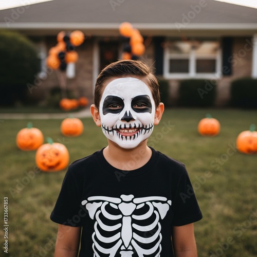 Boy with Skeleton Face Paint Celebrating Halloween