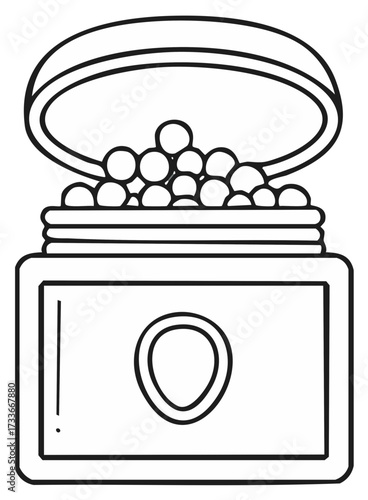 Open cosmetic jar filled with small round beads, black and white line art illustration