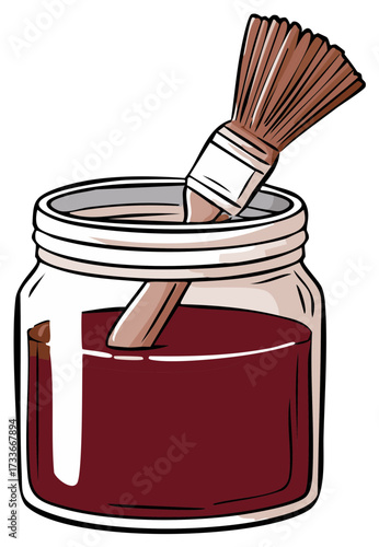 Paintbrush Dipped in Maroon Liquid Inside a Glass Jar