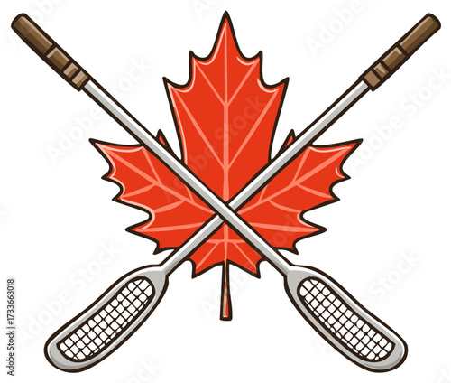 Red maple leaf with crossed lacrosse sticks, Canadian sport symbol cartoon illustration