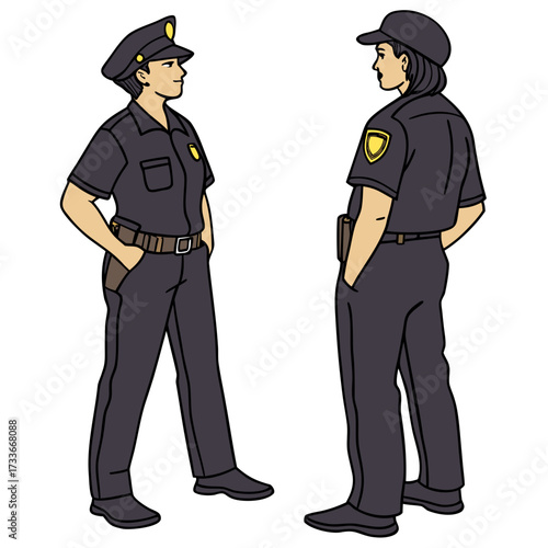 Two police officers in uniform standing and talking