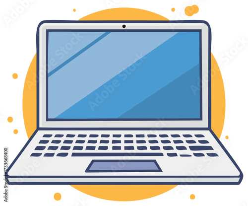 Modern open laptop computer illustration with a blank blue screen and keyboard