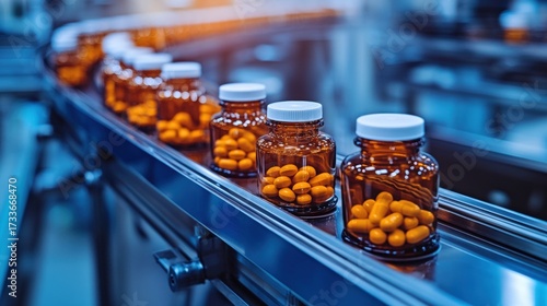 A series of amber glass bottles filled with orange capsules on a conveyor belt in a pharmaceutical setting.