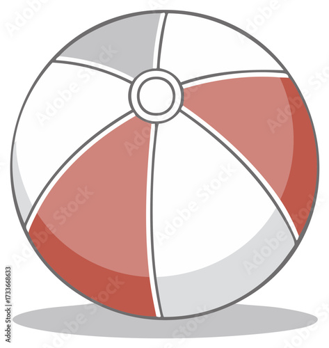 Classic beach ball with red, white, and gray panels on a gray surface with a shadow
