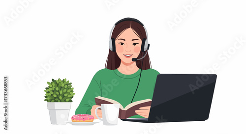 Woman with headset working at a desk with laptop, book, donut, and coffee.