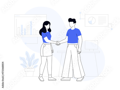 Modern flat vector illustration of a young woman and man shaking hands in a corporate office, symbolizing business partnership and professional teamwork.