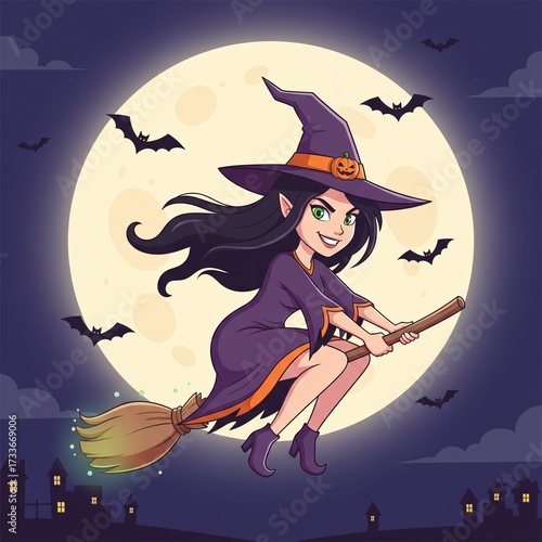 Cute Witch Flying on Broomstick Halloween Illustration