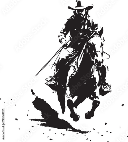 Cowboy riding horse silhouette — black and white Western illustration with hat, reins, and dust trail in dramatic action pose